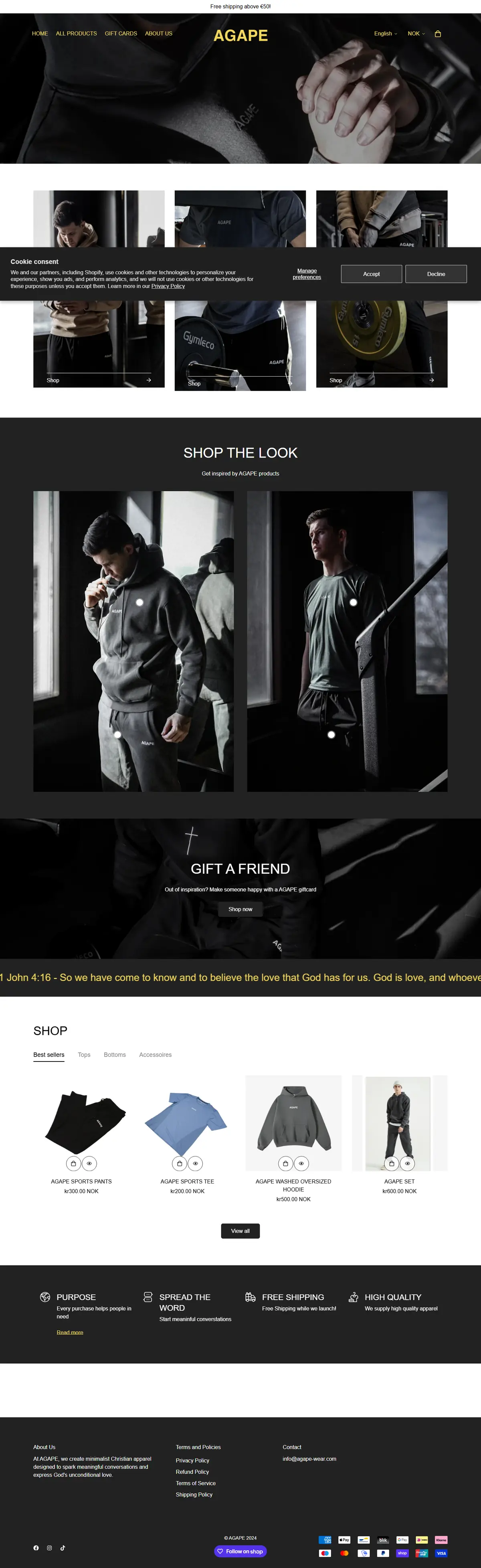 Agape Wear before: Shopify theme, full desktop page